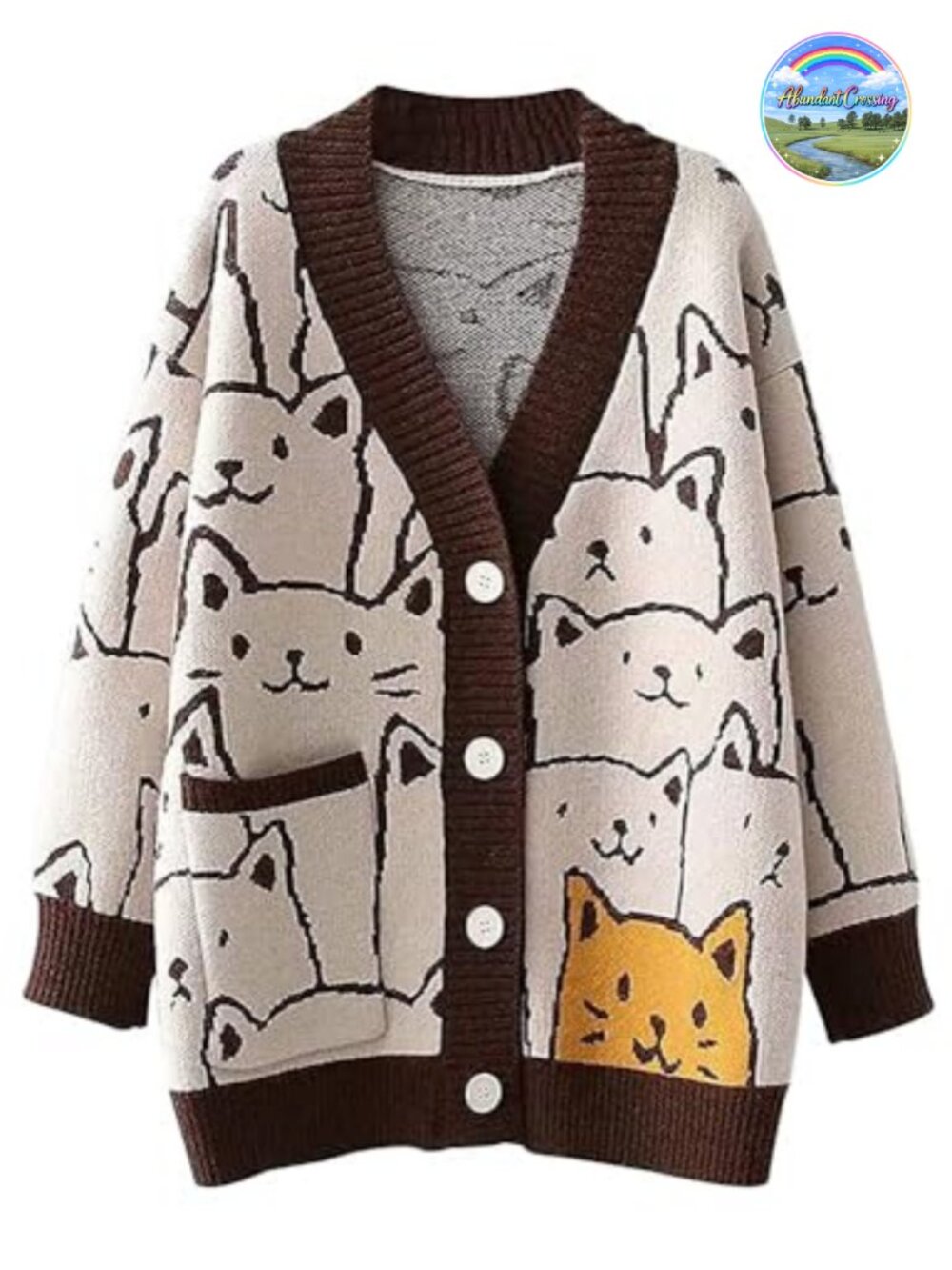 Kawaii Cat Print Knit Cardigan Oversized Loose Fit Open Front Sweater